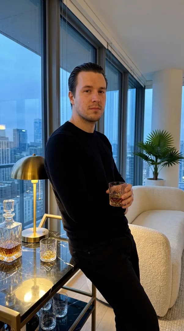 Orang yang sama dibayangkan ulang di skybar penthouse, tetap jelas terlihat dirinya sendiri